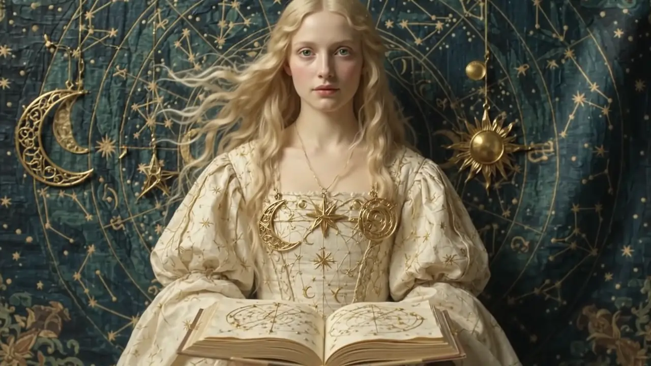 Pintura: a leitora do Códice da Alma diante de uma tapeçaria celeste, com a Lua e o Sol suspensos em filigrana de ouro