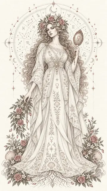 Capa com figura feminina: a deusa de Vênus coroada de rosas, segurando um espelho erguido.