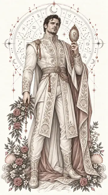 Capa com figura masculina: o arquétipo de Vênus em vestes bordadas, segurando o mesmo espelho.