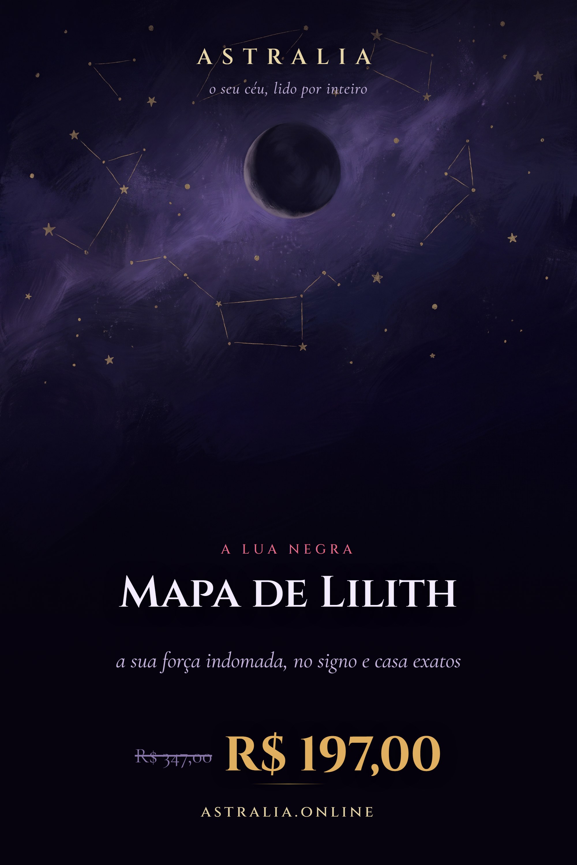 Lua negra entre constelações douradas — capa do Mapa da Lilith da Astralia