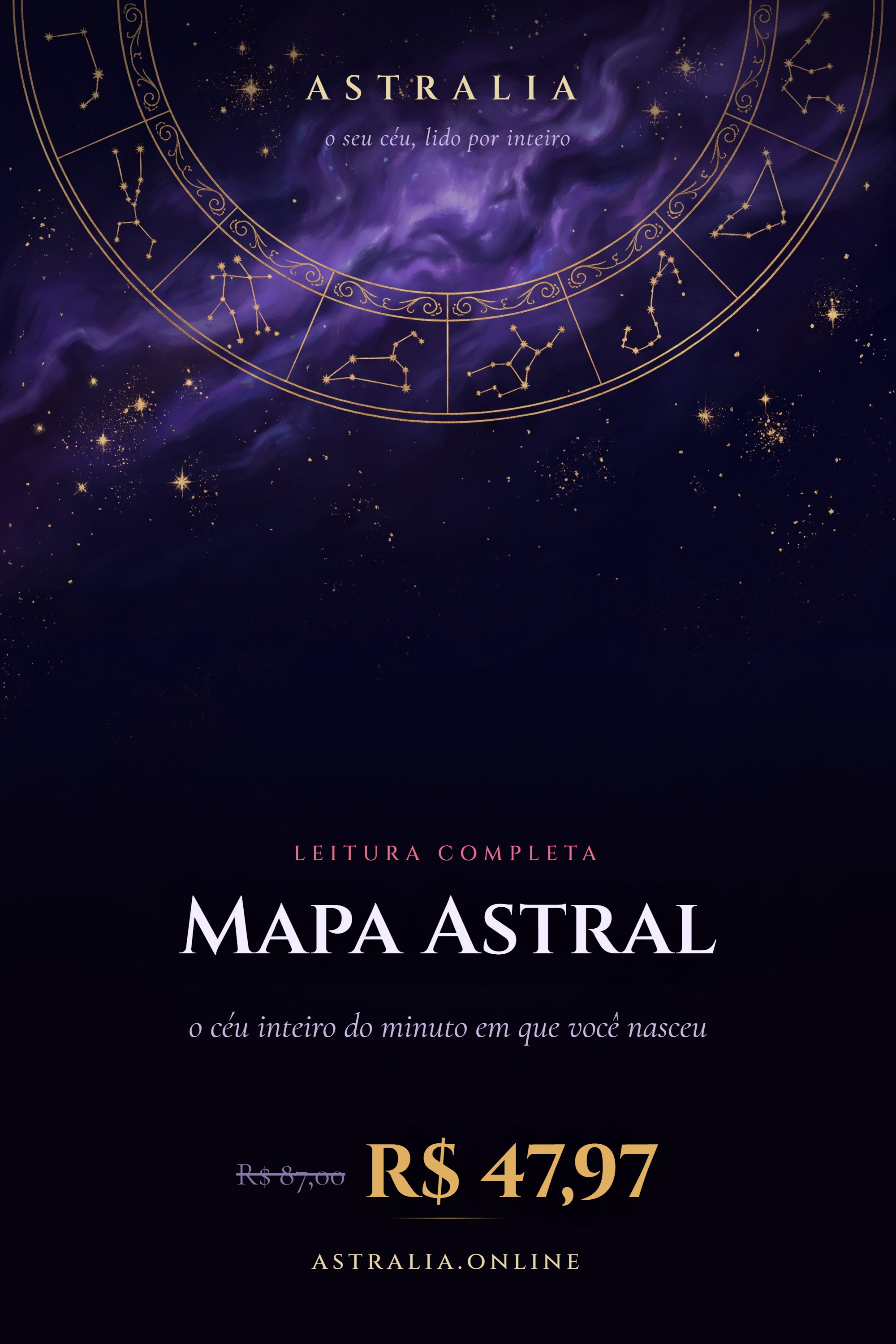 Céu noturno com roda do zodíaco dourada — capa do Mapa Astral da Astralia