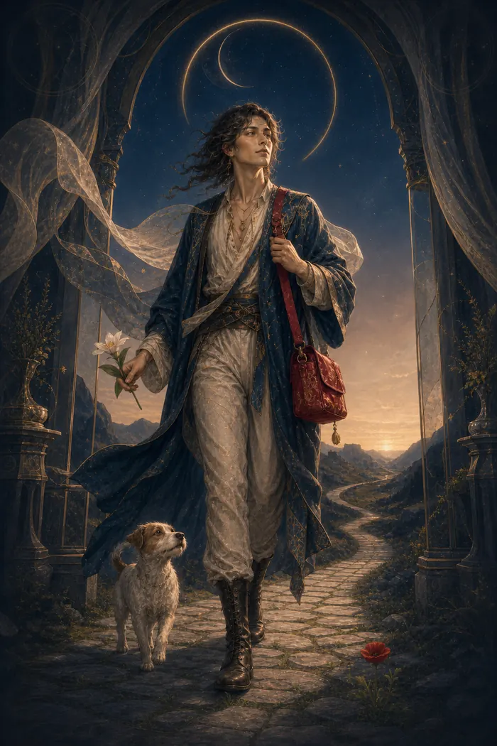Carta O Louco do Tarô Astralia — figura diante de um horizonte aberto, caminho ainda sem forma, círculo aberto em dourado sobre azul profundo