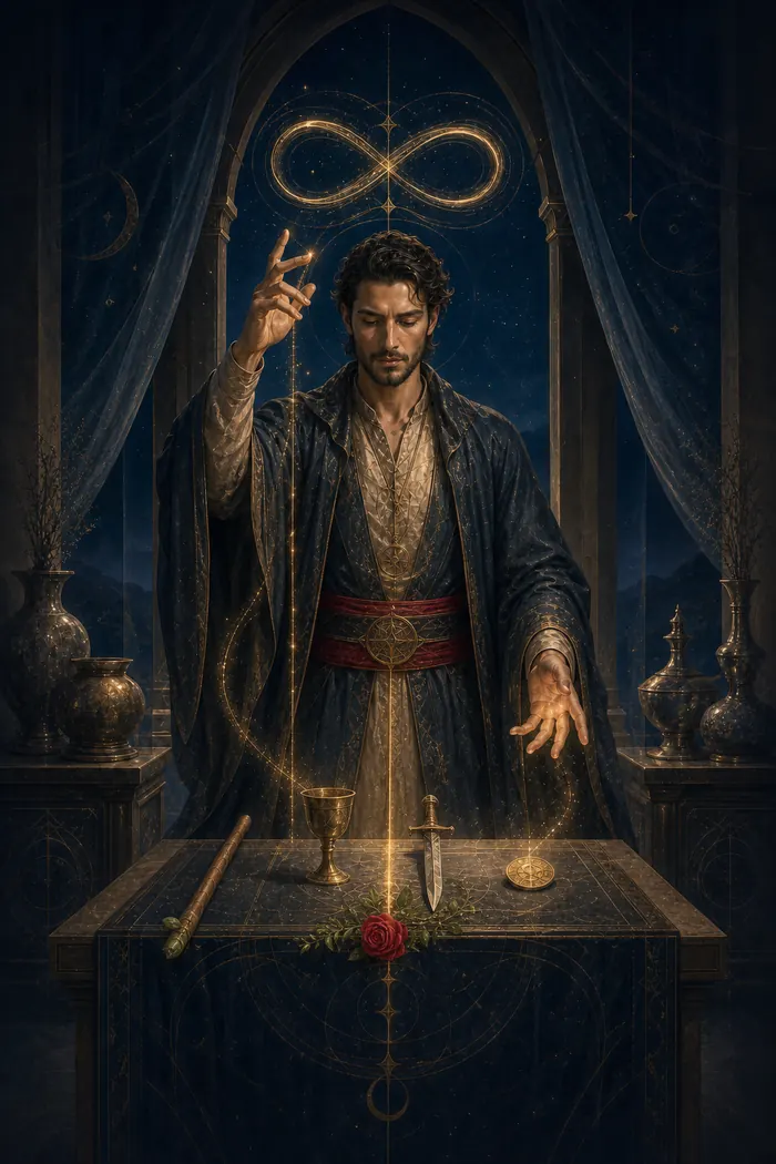 Carta O Mago do Tarô Astralia — eixo central iluminado, um único ponto de luz dourada concentrando a atenção sobre fundo índigo