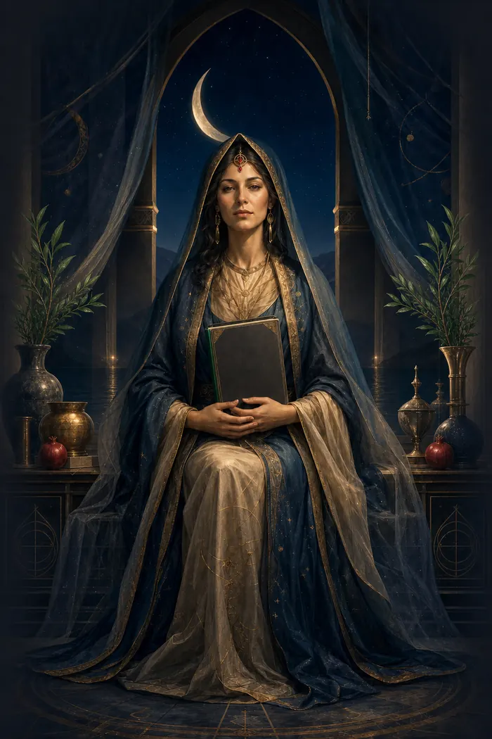 Carta A Sacerdotisa do Tarô Astralia — guardiã do limiar entre duas colunas, véu, livro fechado, lua crescente e água refletindo em azul profundo