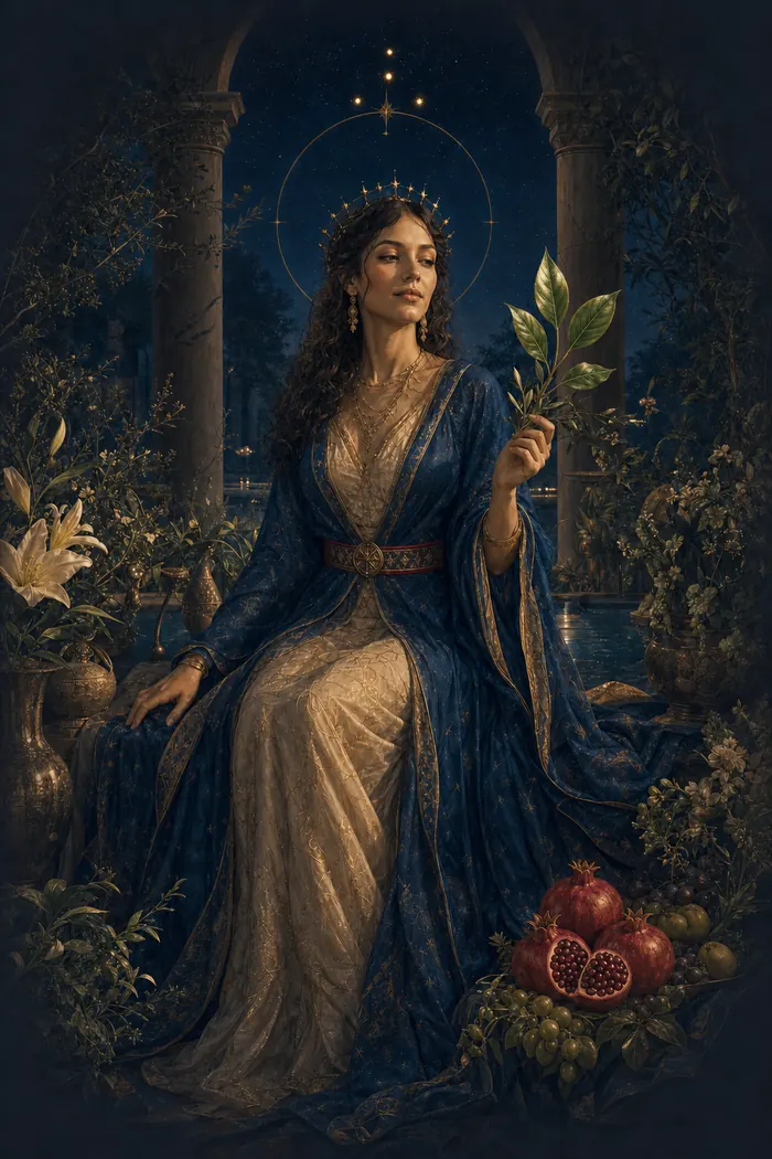 Carta A Imperatriz do Tarô Astralia — figura em abundância vegetal, três frutos principais, verde-esmeralda e dourado em paisagem fértil