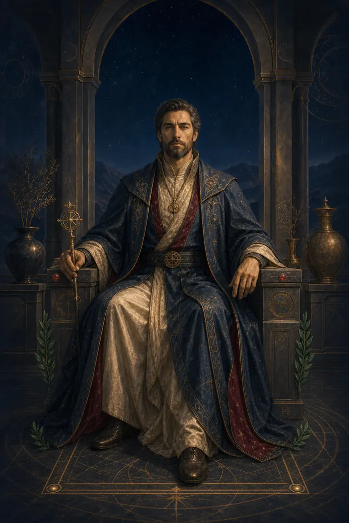 Carta O Imperador do Tarô Astralia — figura sustentada por quatro pilares, estrutura firme em dourado e rubi sobre base índigo