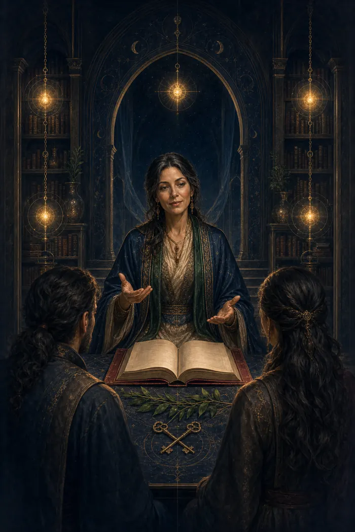 Carta O Hierofante do Tarô Astralia — figura de transmissão sob cinco luzes em arranjo quatro mais um, arquitetura em dourado e índigo
