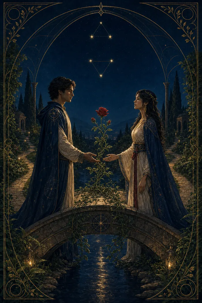 Carta Os Enamorados do Tarô Astralia — três pares simbólicos em vínculo, dois triângulos entrelaçados, rubi e dourado sobre azul