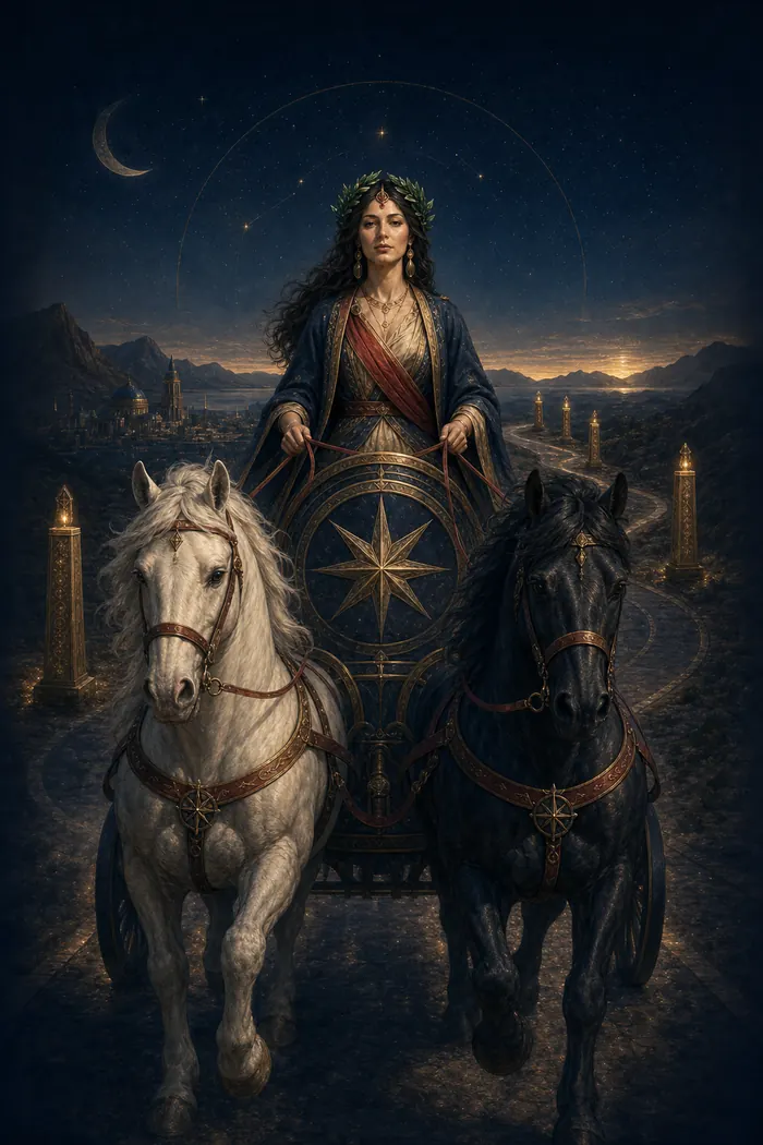 Carta O Carro do Tarô Astralia — figura conduzindo duas forças opostas, sete marcos ao longo do percurso, movimento em dourado e rubi