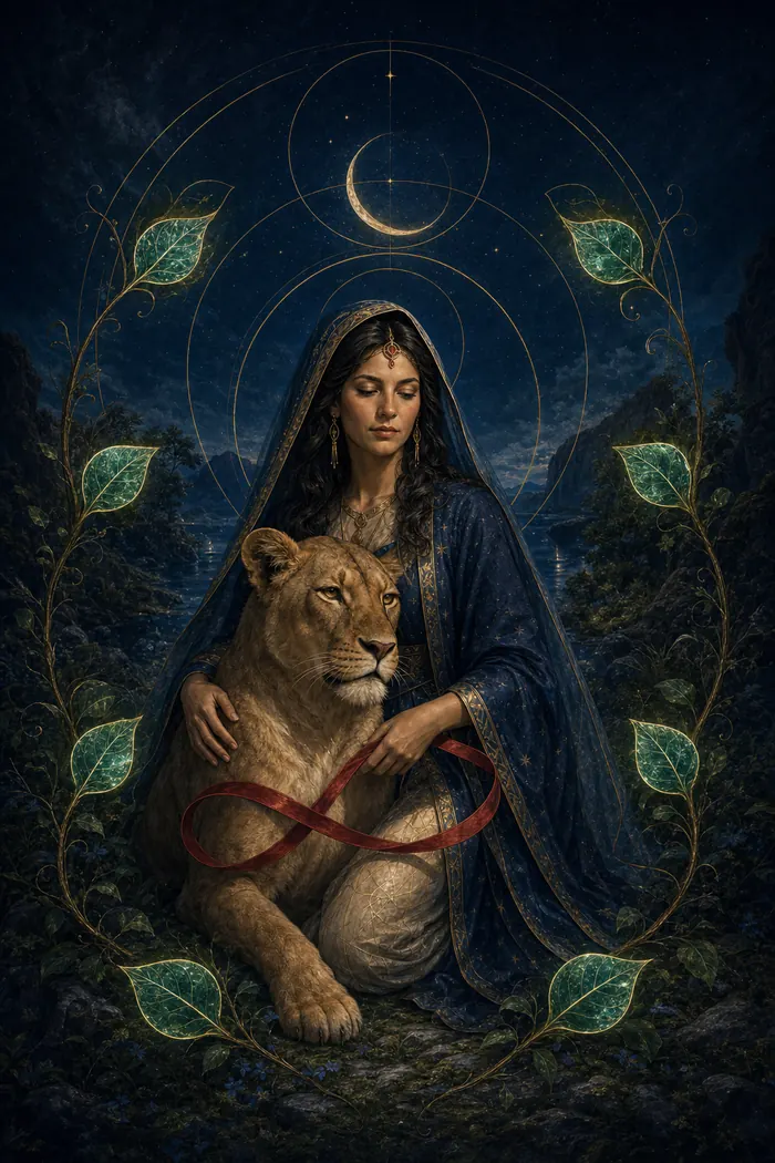 Carta A Força do Tarô Astralia — gesto de firmeza serena sobre o instinto, curva de infinito e quatro pares simbólicos em dourado e verde