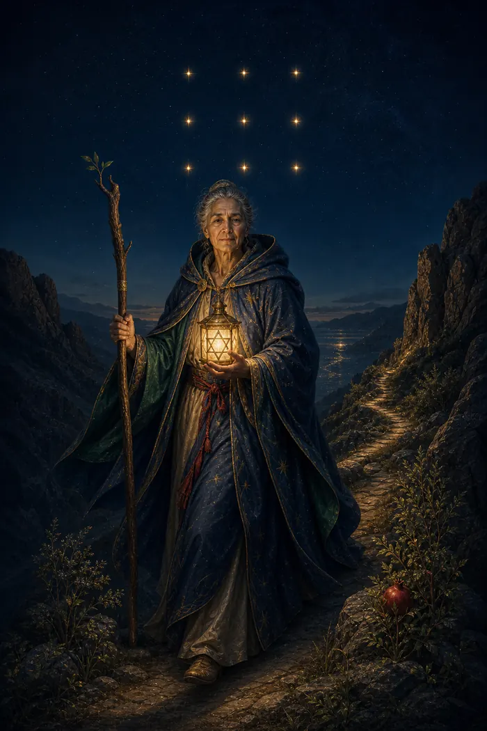 Carta O Eremita do Tarô Astralia — figura solitária com lanterna, nove pequenas luzes em três tríades, recolhimento em índigo e ouro