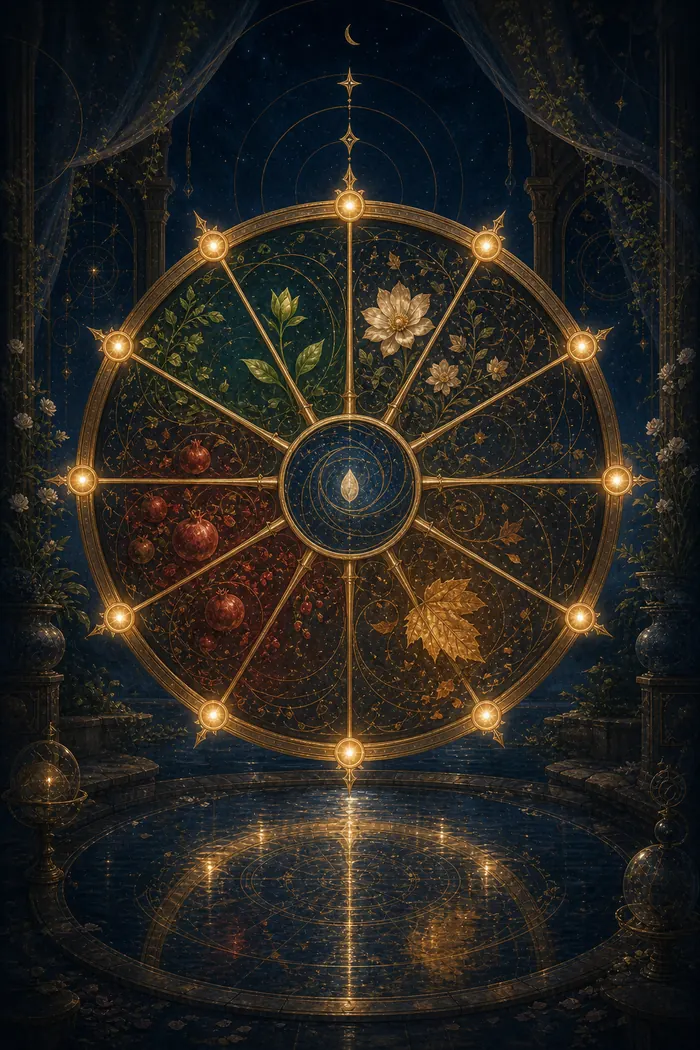 Carta A Roda da Fortuna do Tarô Astralia — roda completa com dez pontos, ciclo em movimento, dourado sobre azul profundo