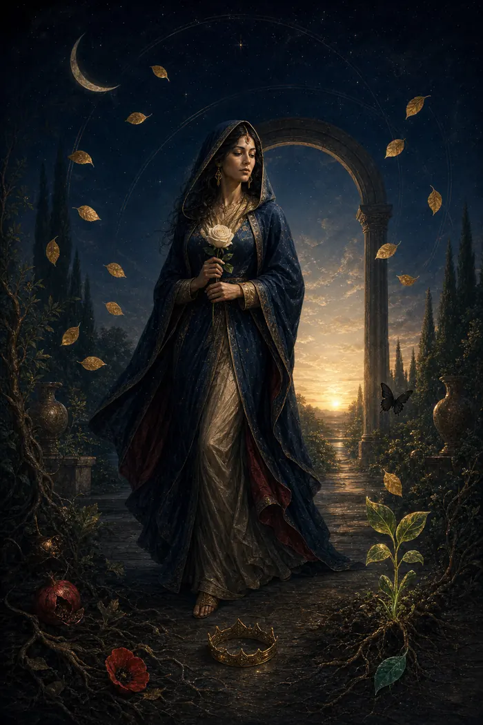 Carta A Morte do Tarô Astralia — quatro estágios de transformação — semente, queda, raiz e broto — em verde-esmeralda e índigo