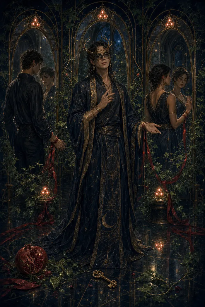 Carta O Diabo do Tarô Astralia — três pares de tensões e correntes visivelmente abertas, rubi intenso sobre preto e dourado