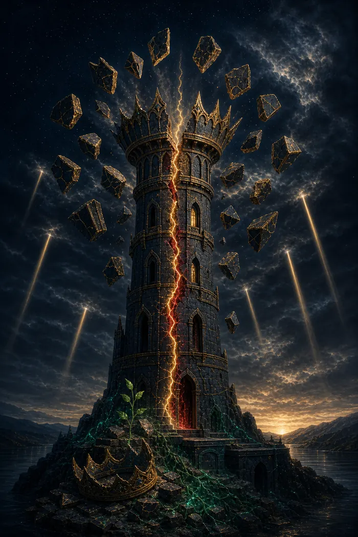 Carta A Torre do Tarô Astralia — sete fragmentos de luz em queda controlada, estrutura se abrindo em dourado e rubi sobre índigo