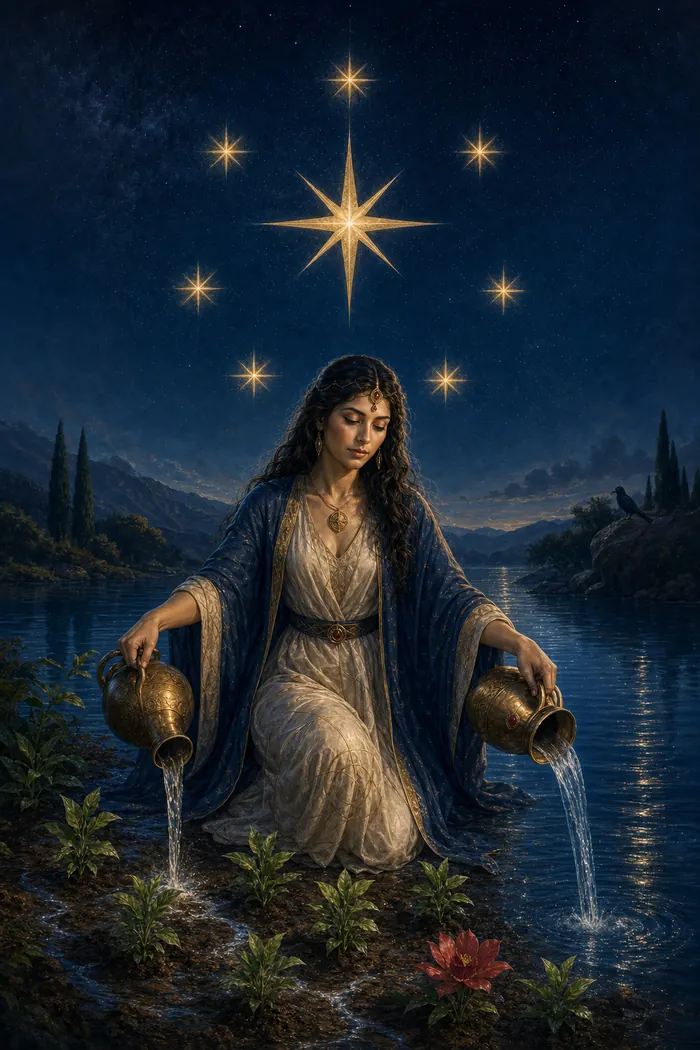 Carta A Estrela do Tarô Astralia — oito estrelas — uma principal e sete auxiliares — água e luz renovando a cena em prata e marfim