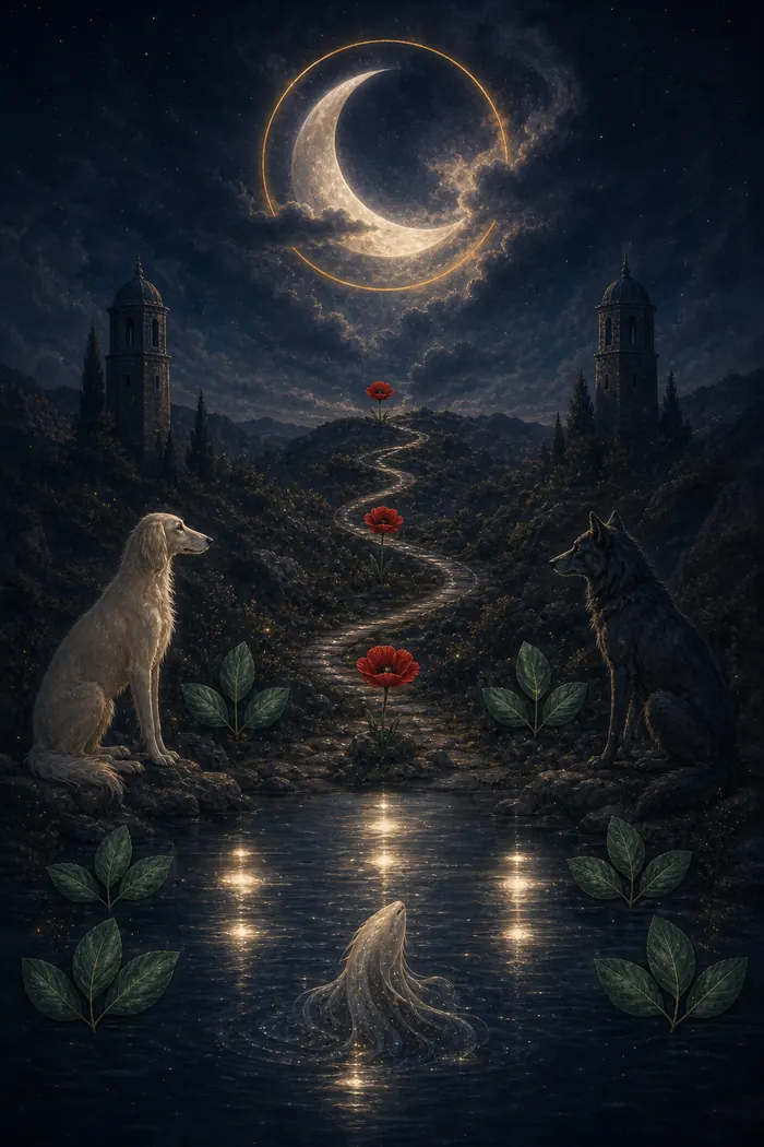 Carta A Lua do Tarô Astralia — nove reflexos em três tríades sobre água noturna, caminho incerto em prata e índigo profundo