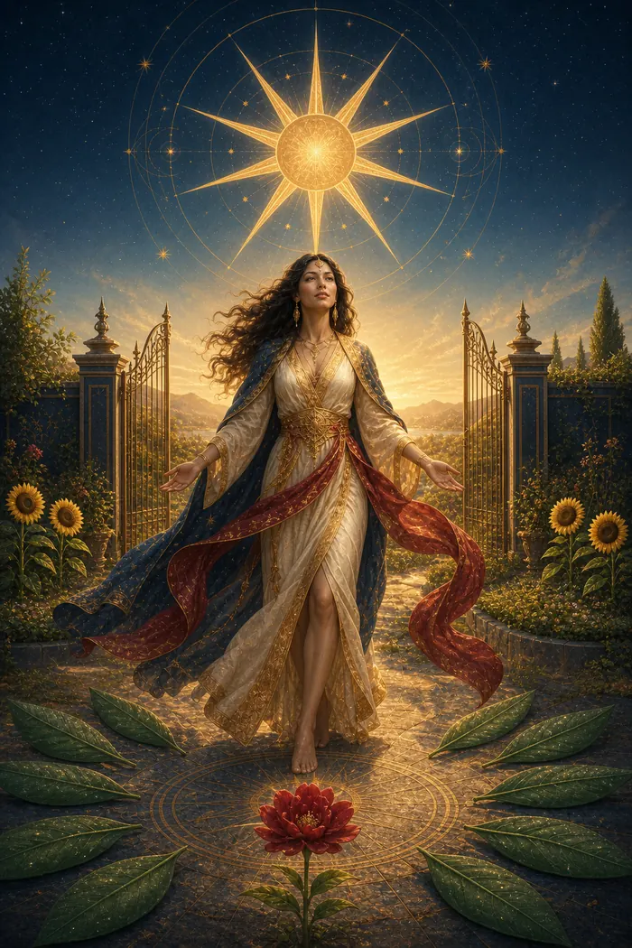 Carta O Sol do Tarô Astralia — dez raios principais em torno de um centro luminoso, clareza plena em dourado sobre azul