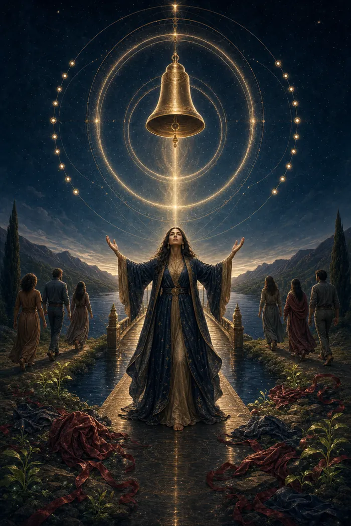 Carta O Julgamento do Tarô Astralia — duas margens ligadas por uma voz de luz, chamado e resposta em dourado sobre índigo