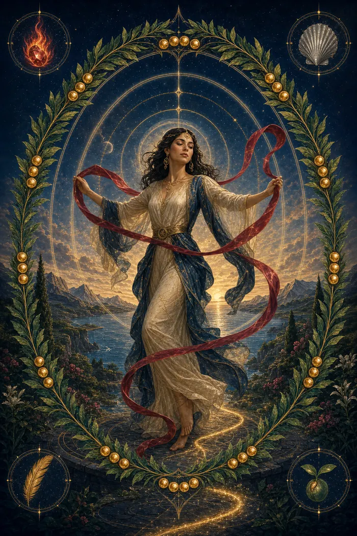 Carta O Mundo do Tarô Astralia — três círculos integrados em três níveis, totalidade e conclusão em dourado, verde e índigo