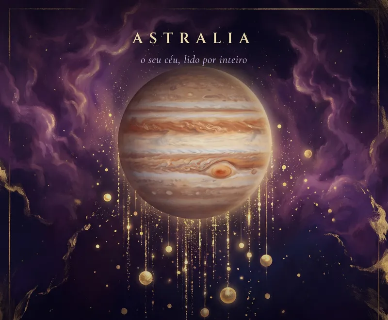 Capa do Mapa da Sorte: Júpiter cercado de nebulosas violeta, com gotas de luz dourada caindo como chuva