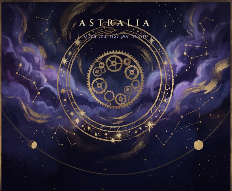 Capa do Mapa Kármico: engrenagens douradas dentro de um ouroboros de estrelas, entre nuvens cósmicas