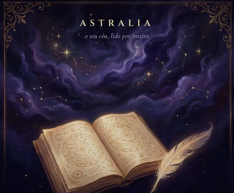 Capa do Mapa Astral Premium: um livro antigo aberto com o desenho de um mapa astral e uma pena branca, sob nuvens cósmicas violeta e constelações douradas