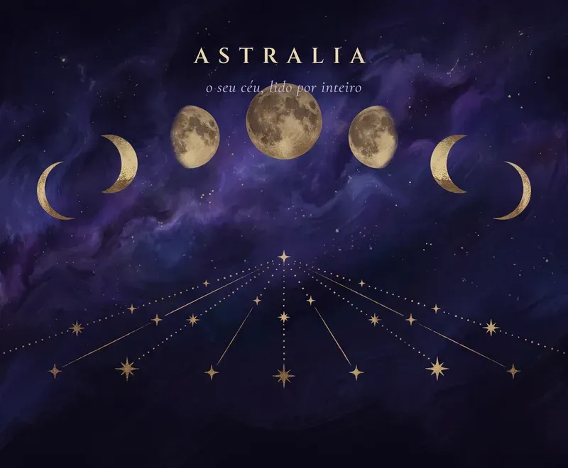 Capa do Mapa de Previsões: as fases da Lua alinhadas sobre uma nebulosa violeta, com linhas de estrelas abrindo em leque